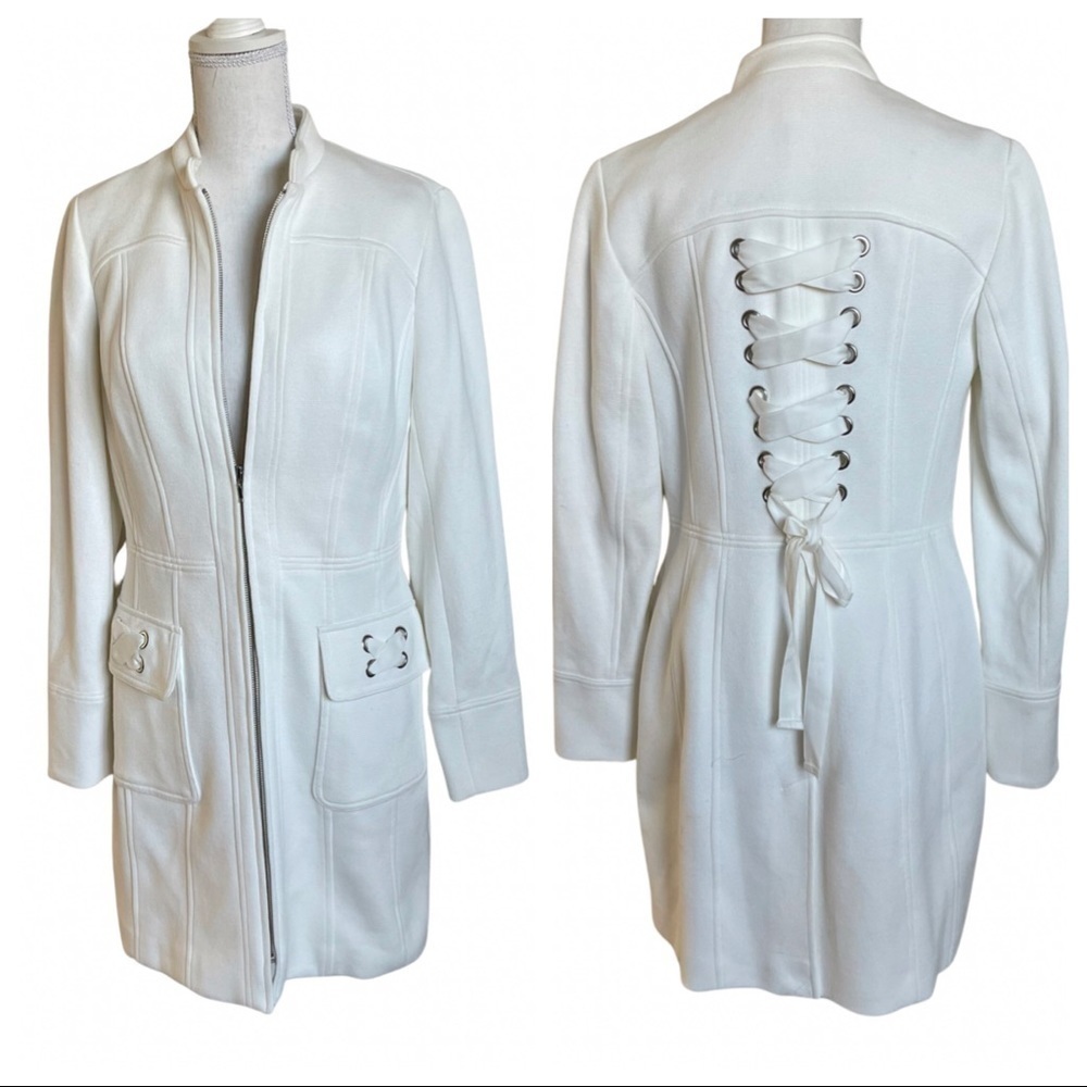 INC Corset Lace Up Back Coat Small Off White Fitted Zip Front Grommet NWOT